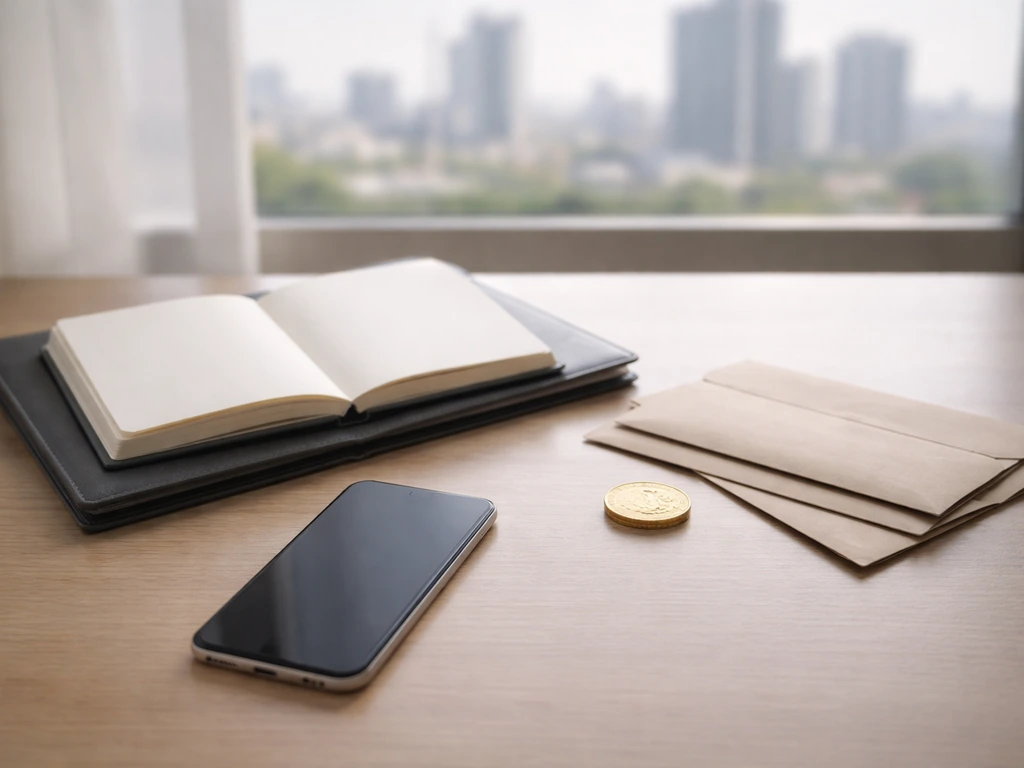 Minimal desk scene with blank notebook, gold coin, envelopes, and a dark smartphone symbolizing net worth segments