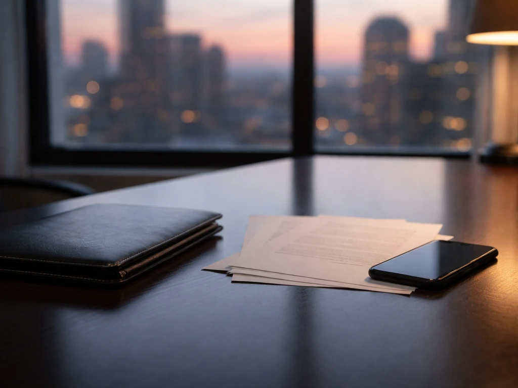 Minimal desk scene with a single smartphone and documents suggesting executive compensation filings