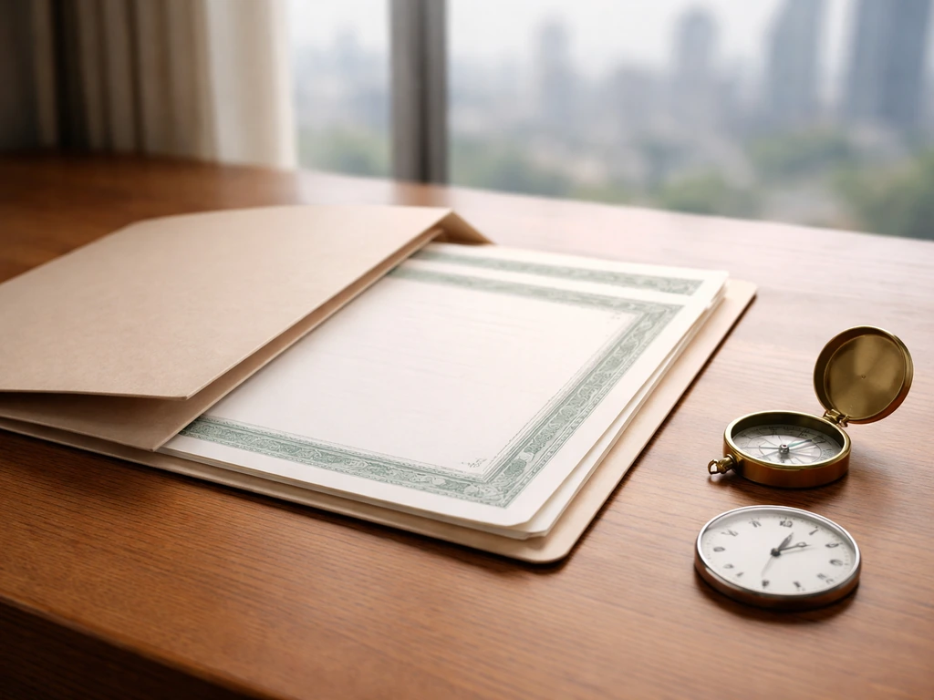 Close-up of an unbranded contract folder and stock-certificate style papers on a desk symbolizing options and vesting