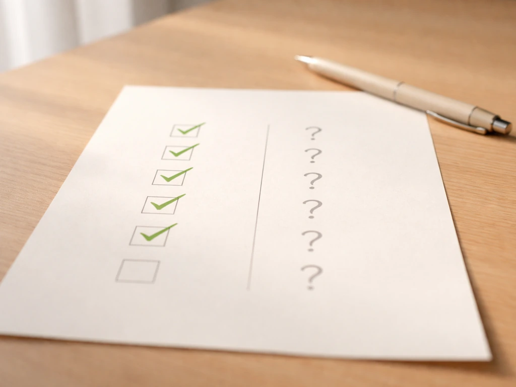 Minimal two-column checklist-style scene with checkmarks and question marks on a tabletop.