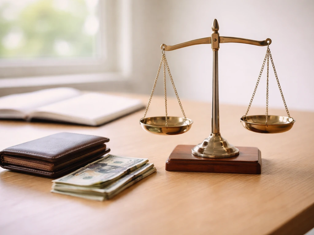 Minimal desk scene with balance scales and wallet, symbolizing net-worth calculation and personal finance.