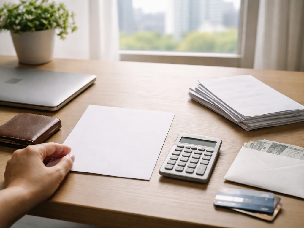 Anonymous hand on a minimalist desk with blank papers, calculator, and bills suggesting net-worth calculation.