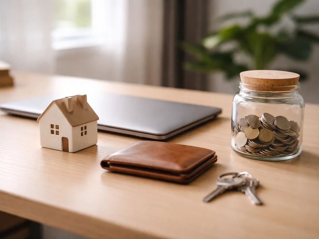 Minimal home office desk with house figurine, keyring, wallet, and coins symbolizing likely assets.