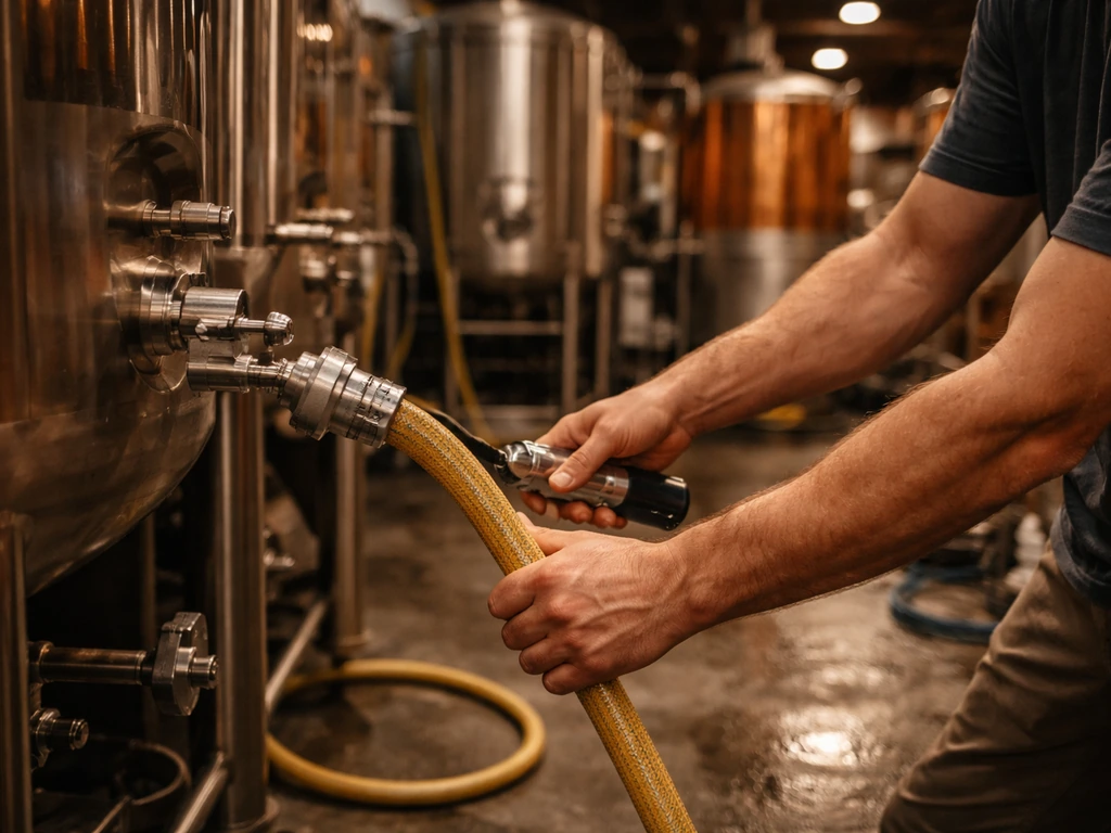 Craft brewery scene with stainless tanks and an anonymous brewer’s hands working near brewing equipment.