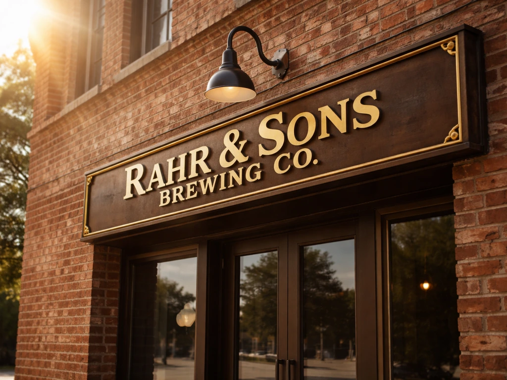 Close view of a brown-brass storefront sign reading “Rahr & Sons Brewing Co.” outside a brick building in Texas.