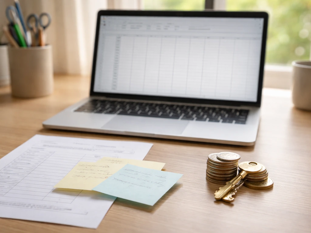 Minimal home-office desk with laptop and blank spreadsheet, coins and sticky notes symbolizing valuation math