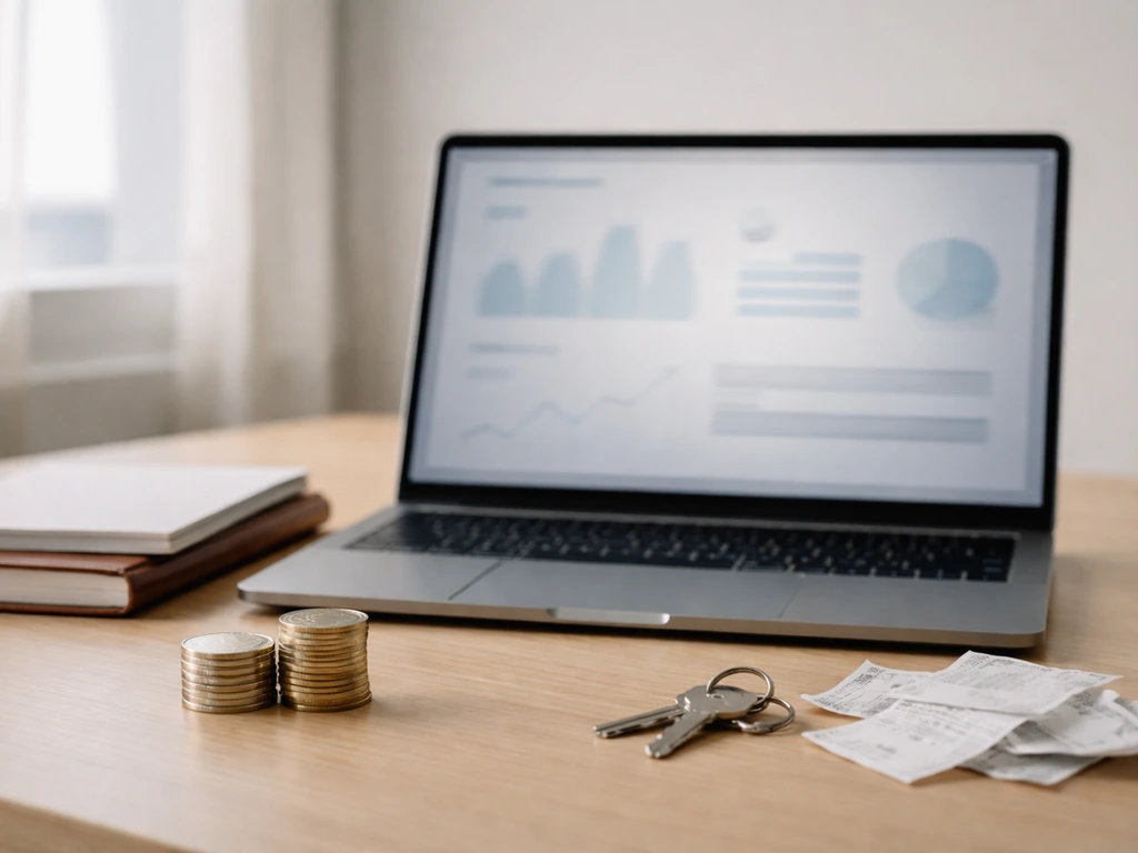 Close-up of a laptop showing blurred finance overlays next to a paper with asset and debt cues