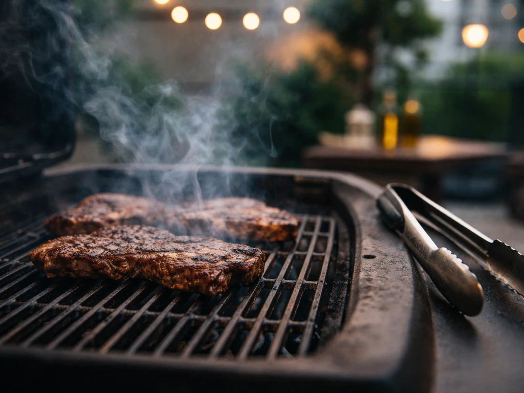 Grilling and barbecue media vibe: chef’s tongs and a cast-iron grill with warm smoke outdoors
