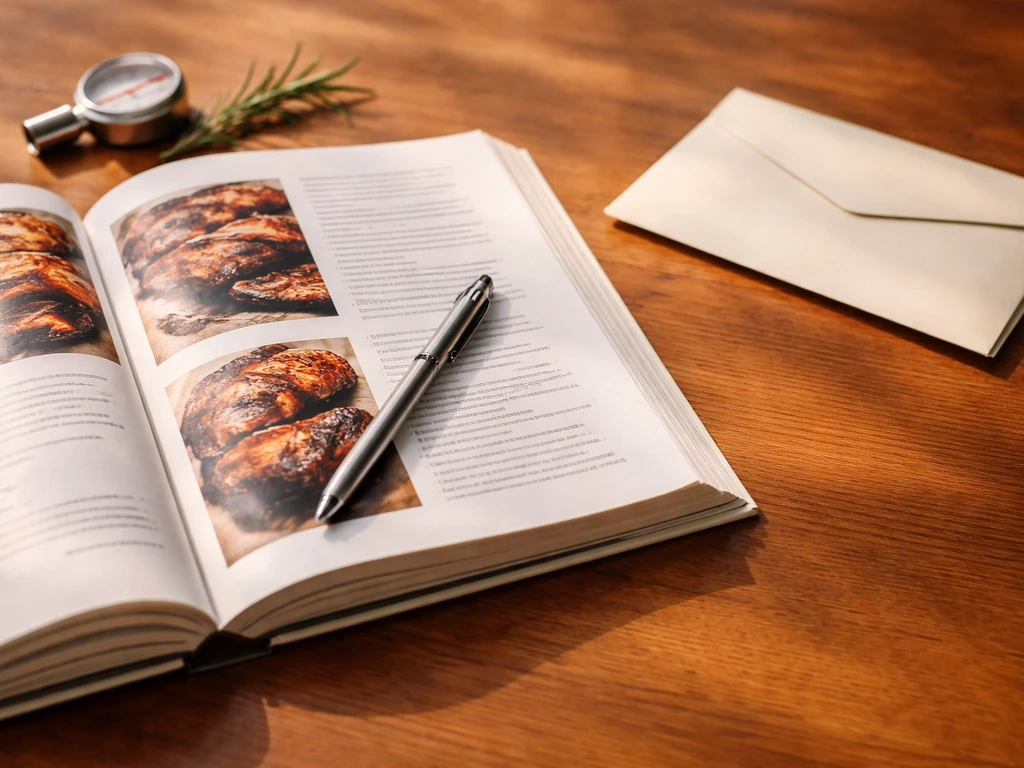 Close-up flat-lay of open barbecue cookbook pages beside a pen and a closed money envelope, symbolizing royalties.