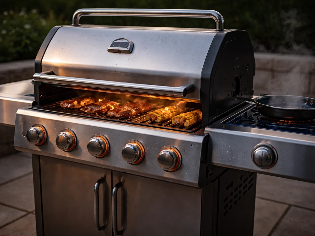 Premium stainless gas grill and accessories on a patio, brand-marked grill surface, warm outdoor lighting