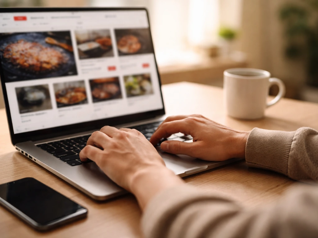 Hands typing on a laptop showing a blurred barbecue-themed website layout, symbolizing digital media income.