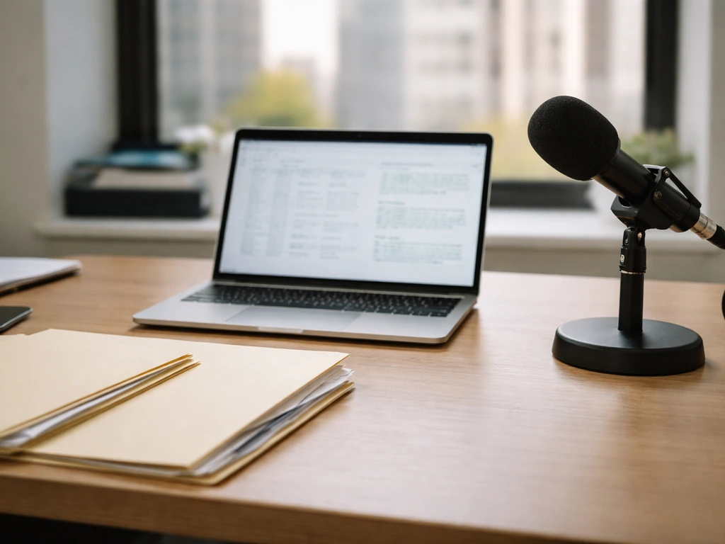 Minimal office desk with two business documents and a microphone, suggesting verifying multiple identities