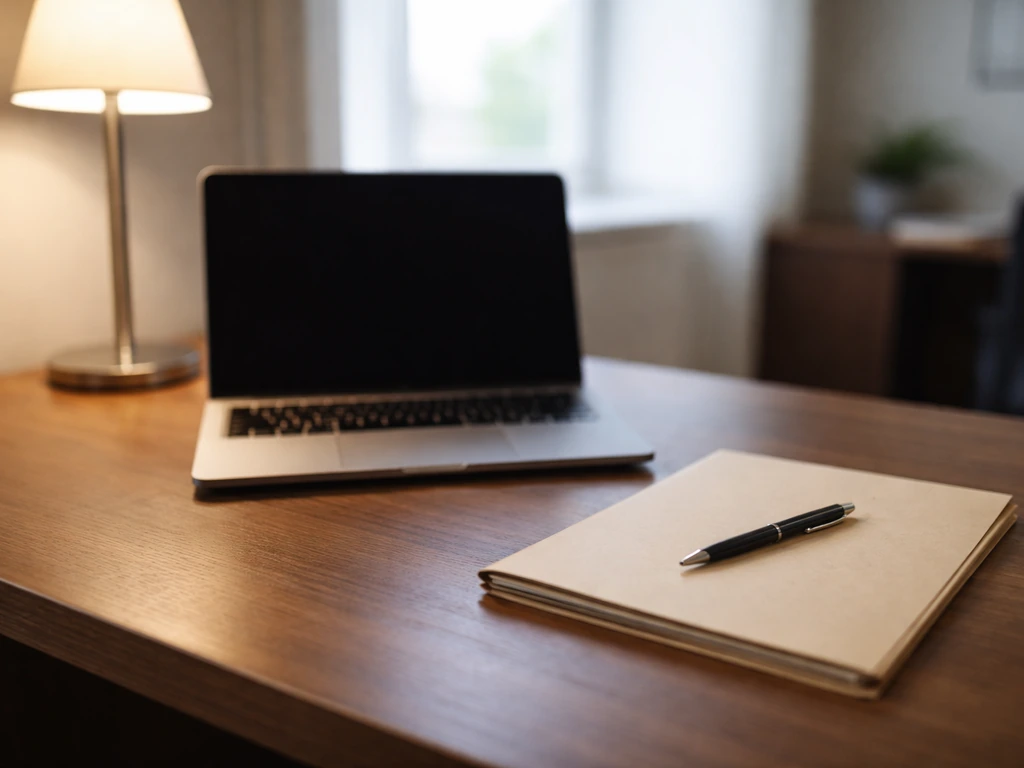 Close-up of a laptop on a desk beside a binder and pen, suggesting research into executive compensation signals