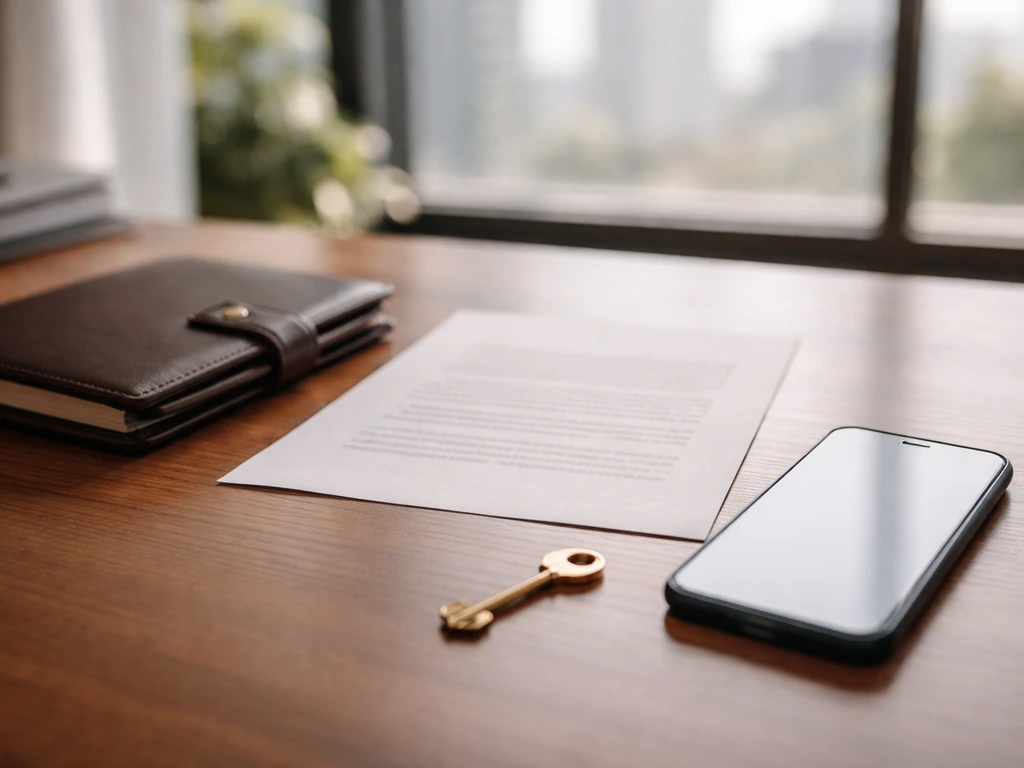 Minimal desk scene with a smartphone and documents suggesting business ownership and founding evidence.