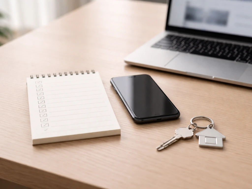 Minimal close-up of a checklist notebook, smartphone, and a laptop showing a verification steps scene