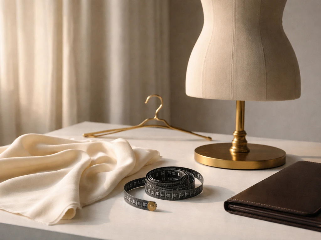 Minimal fashion workspace with vintage fabric, measuring tape, and a mannequin base symbolizing Halston’s legacy.