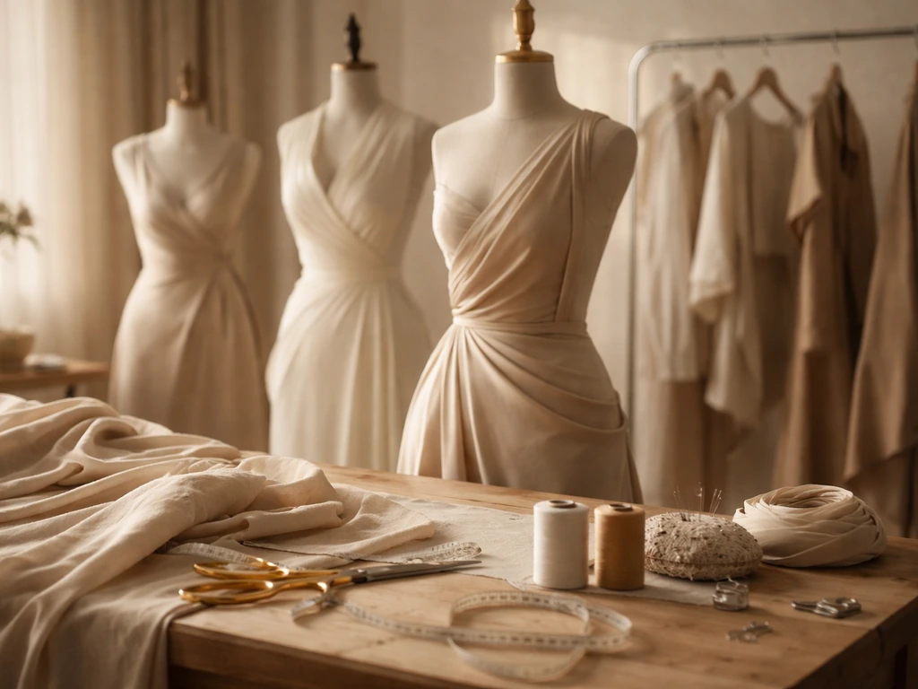 Minimal couture workroom with dress forms and tailoring tools in natural light.