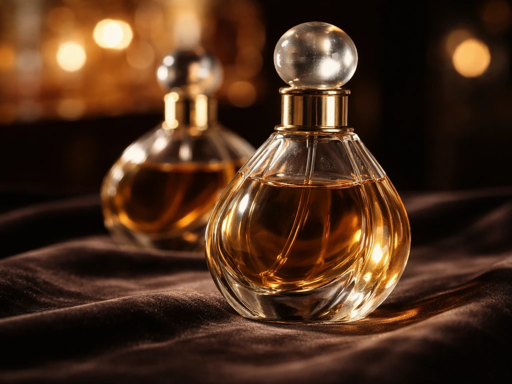 Close-up of vintage-style perfume bottle with ornate glass and soft reflections on a dark vanity
