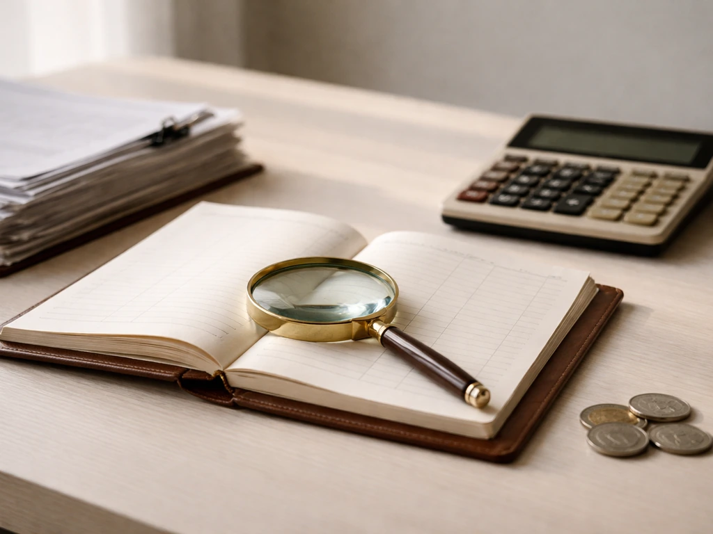 Close-up desk scene with a ledger, papers, calculator, coins, and a magnifying glass symbolizing net worth estimation.