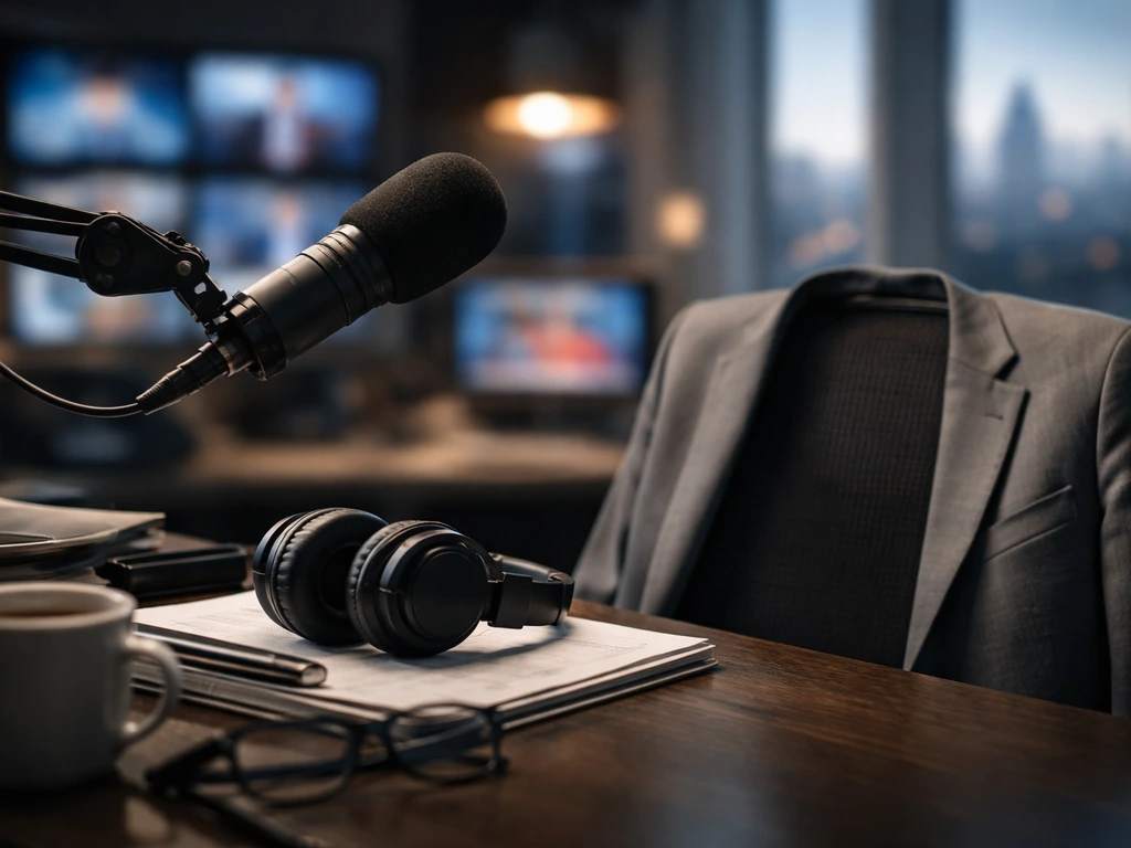 Broadcast studio desk with microphone, headphones, and muted political newsroom background, no person shown.