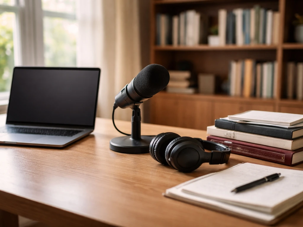 Minimal home-office scene with a laptop, microphone, and political consulting books and notes.