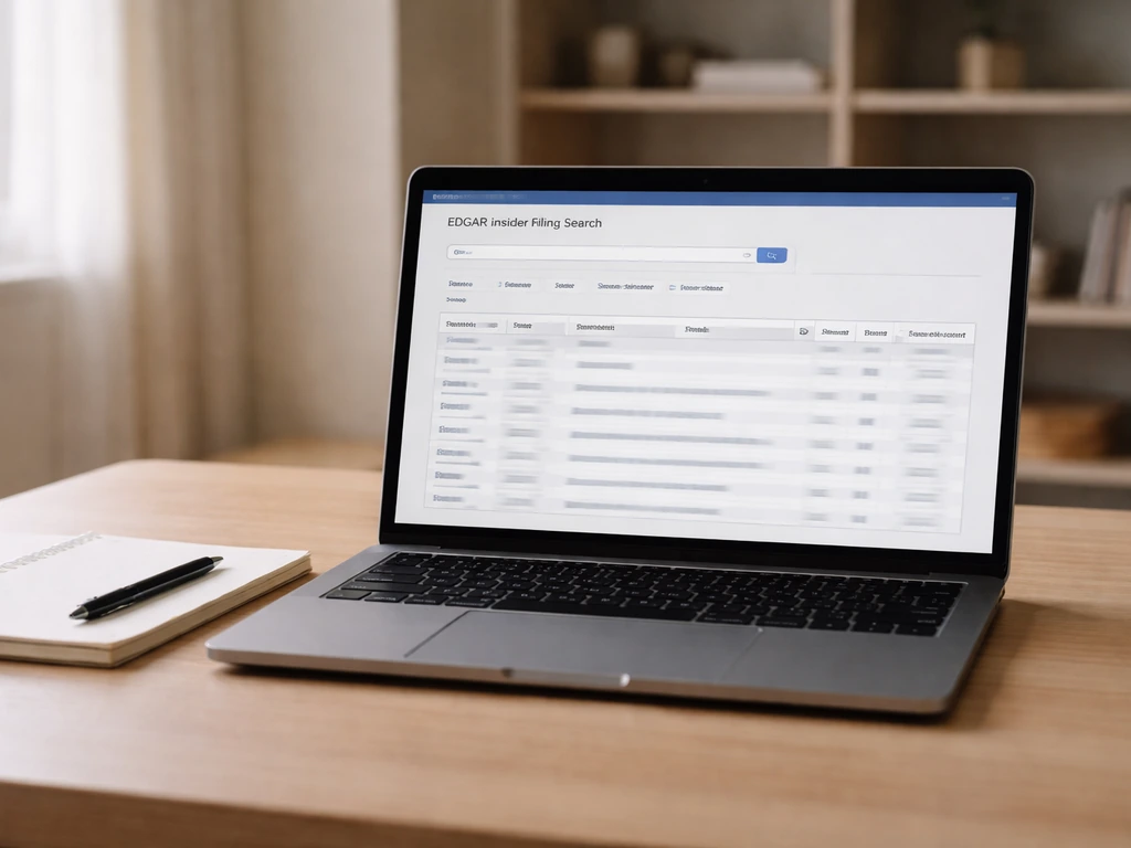 Minimal office desk scene with a laptop showing a generic SEC EDGAR-style insider filing search layout.