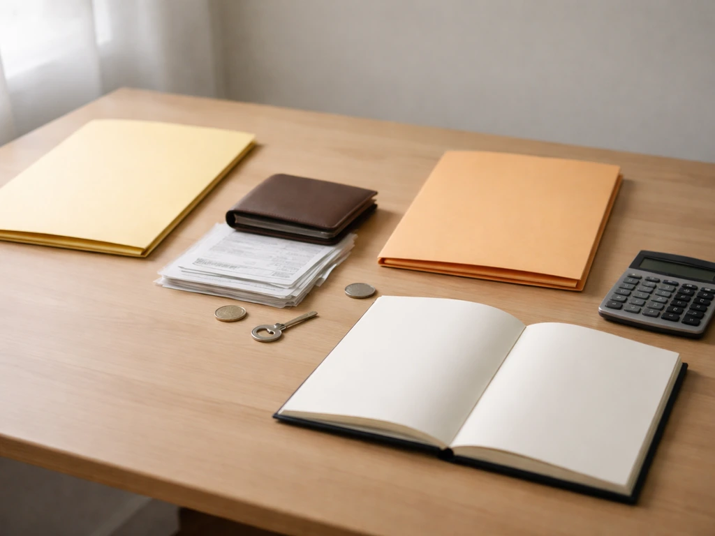 Minimal desk scene with folders and documents symbolizing assets minus liabilities, no people or text.