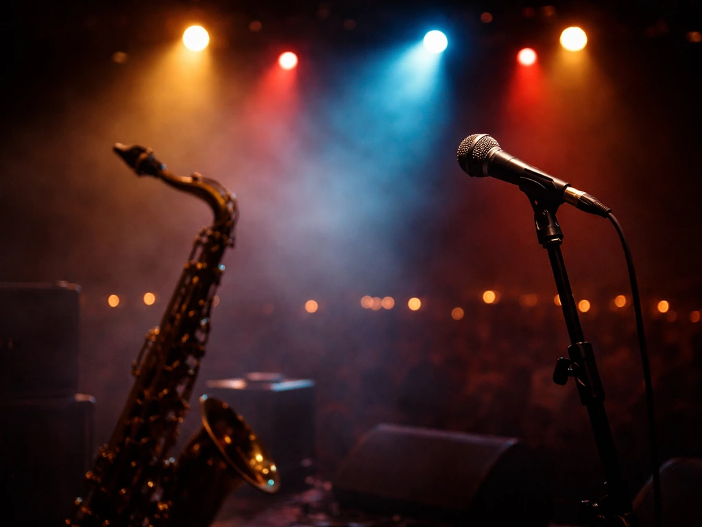 Live concert stage with saxophone and music lights in a dark venue, capturing touring performance energy.