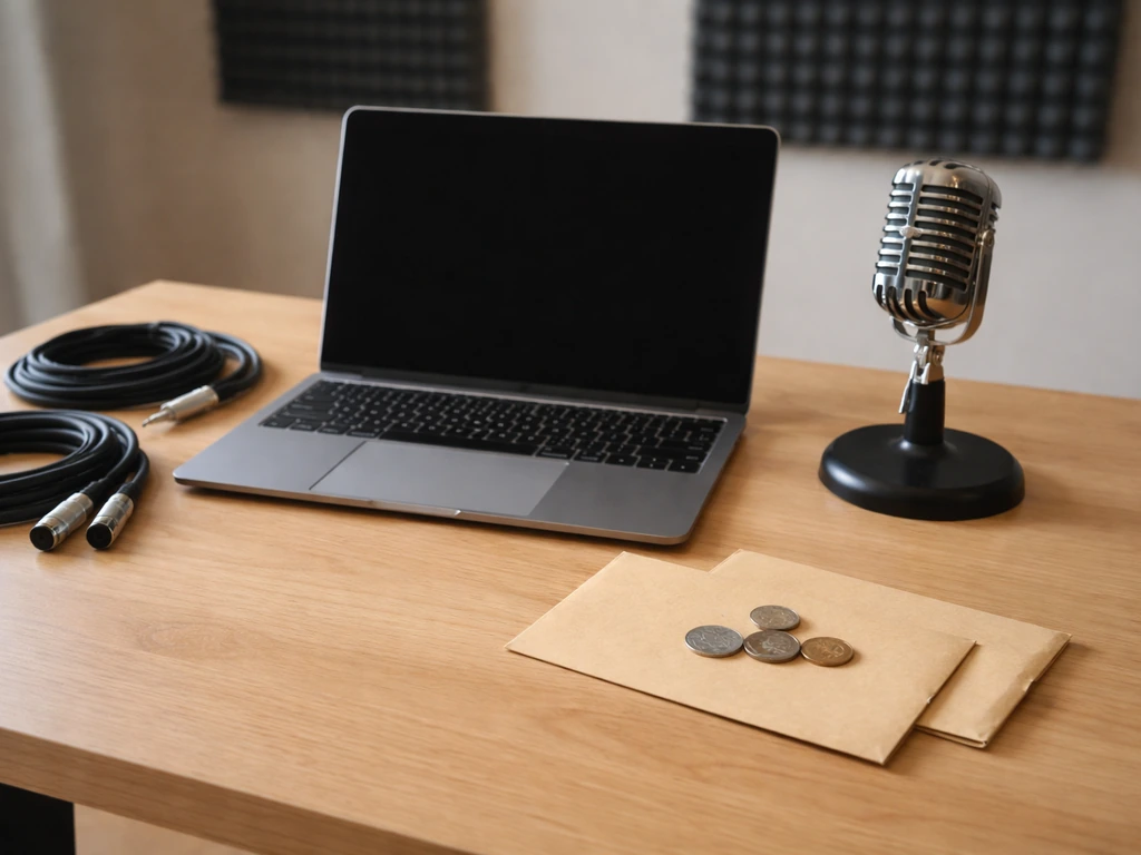 Minimal studio desk with analog audio gear and a few scattered cash envelopes symbolizing music income sources.