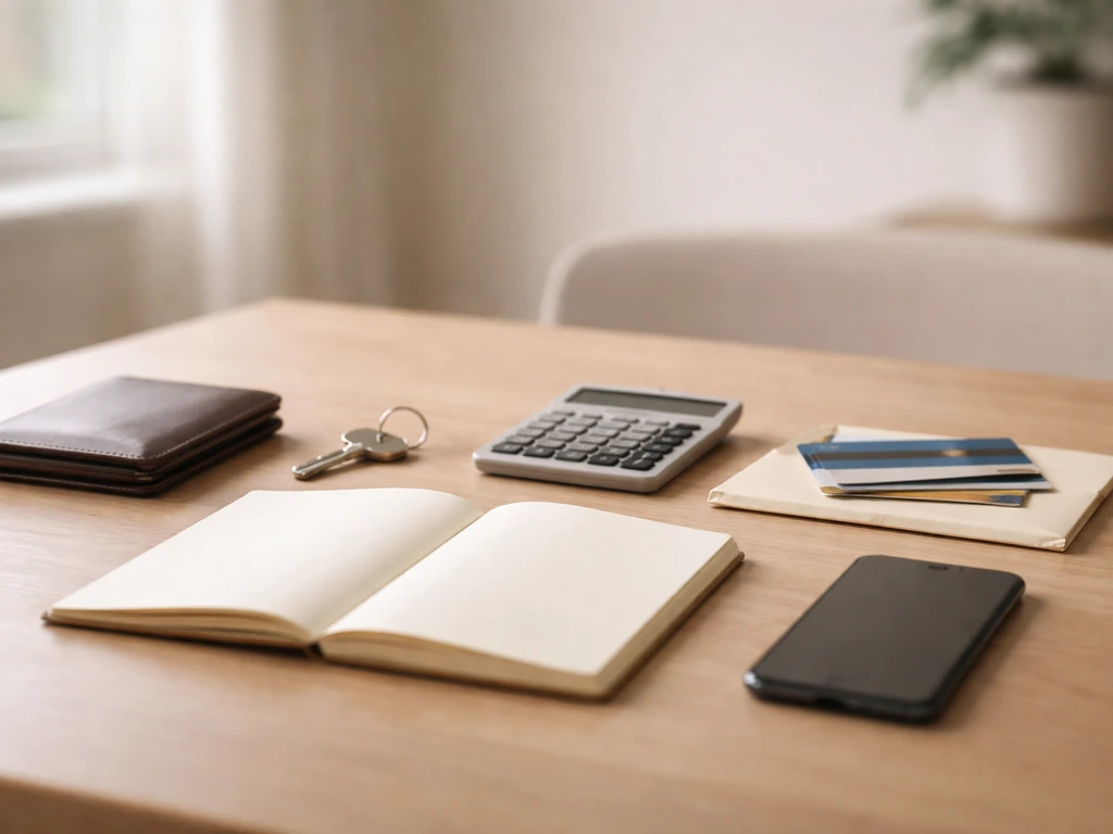 Minimal desk setup with wallet, house key, blank notebook, calculator, and cards symbolizing assets and liabilities