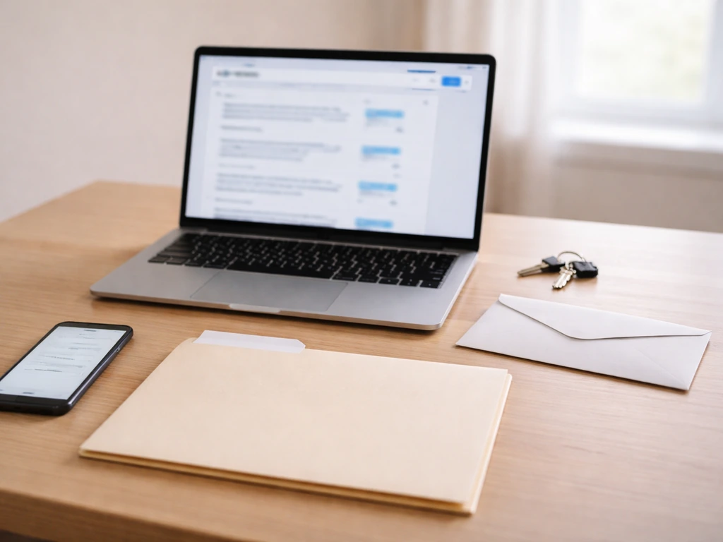 Minimal office desk with laptop and phone showing blurred public-record screens, keys and envelope for record cross-chec