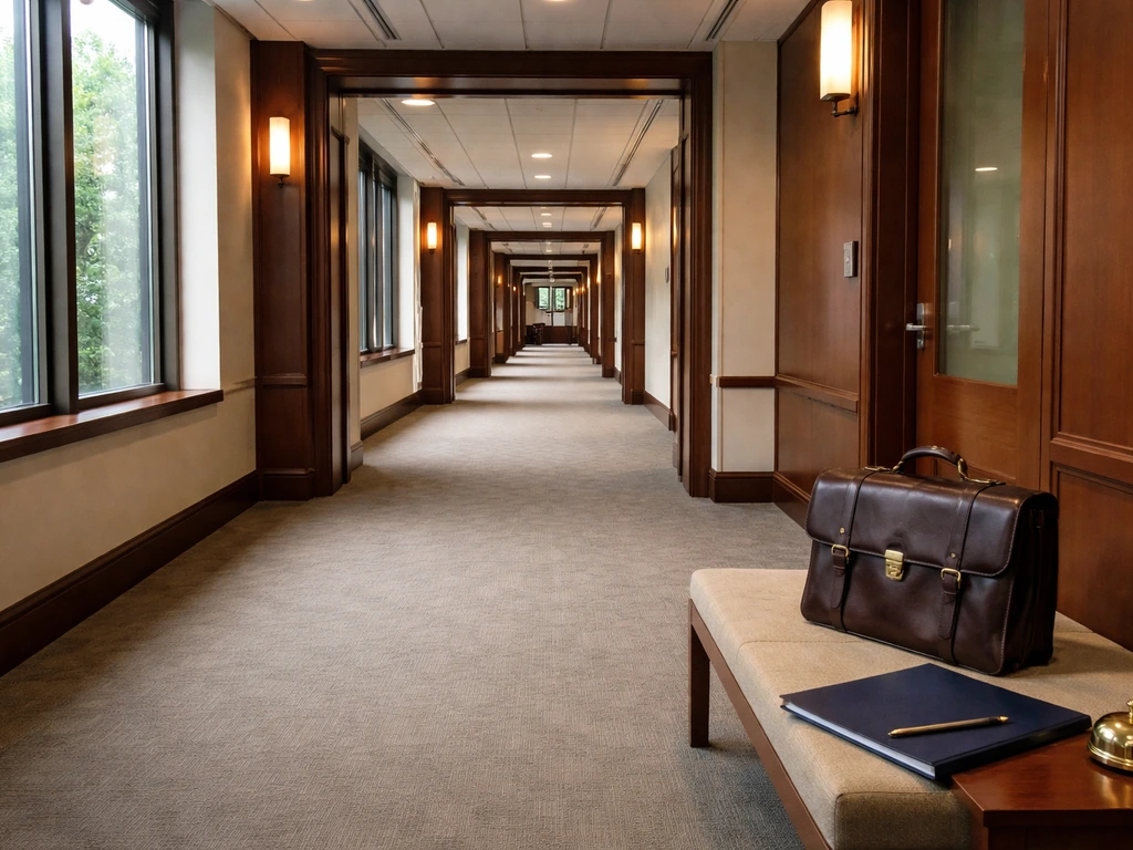 Quiet law office corridor with a briefcase and folders, symbolizing legal leadership and wealth context.