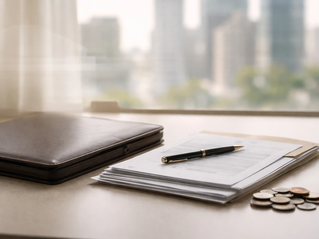 Minimal office scene with financial documents and a money-range scale concept for net-worth estimation