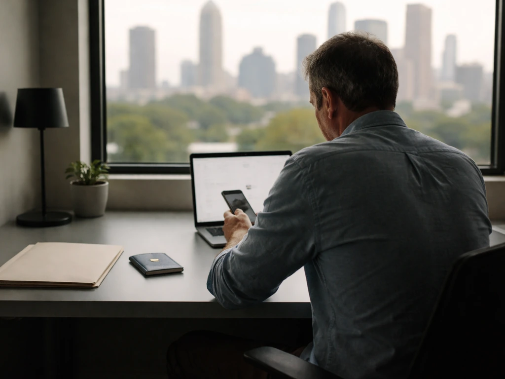 Anonymous entrepreneur at a minimalist desk with a blurred Atlanta skyline outside a window