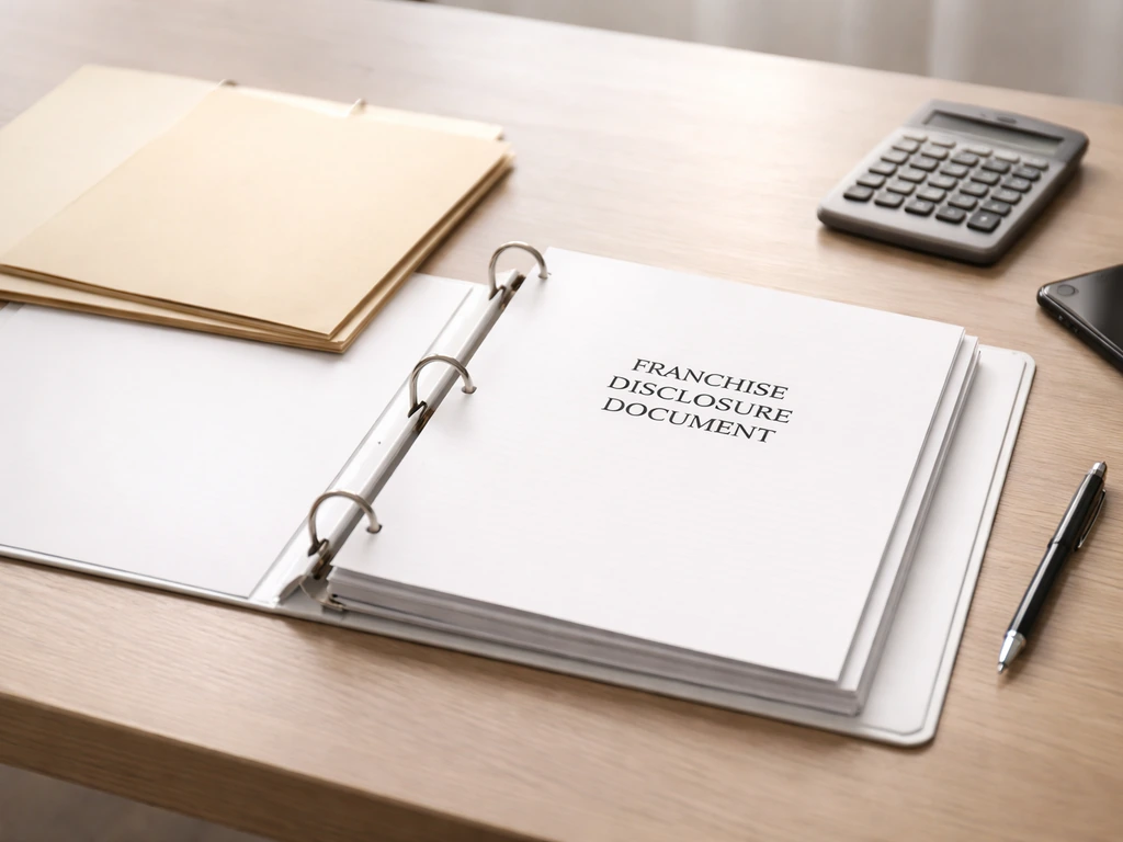 Open binder with a Franchise Disclosure Document cover beside folders, papers, and a desk organizer