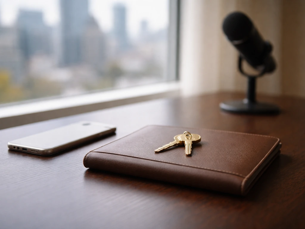 Minimal photo collage vibe showing luxury business assets: desk items, keys, and a blurred city skyline backdrop