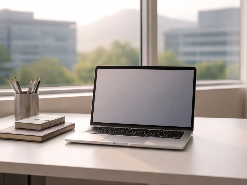 Minimal office scene with a laptop and cash-like props symbolizing net worth estimation