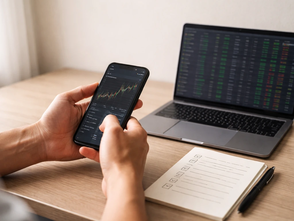 Person checking a mobile finance app and notes near a laptop with a plain wall background