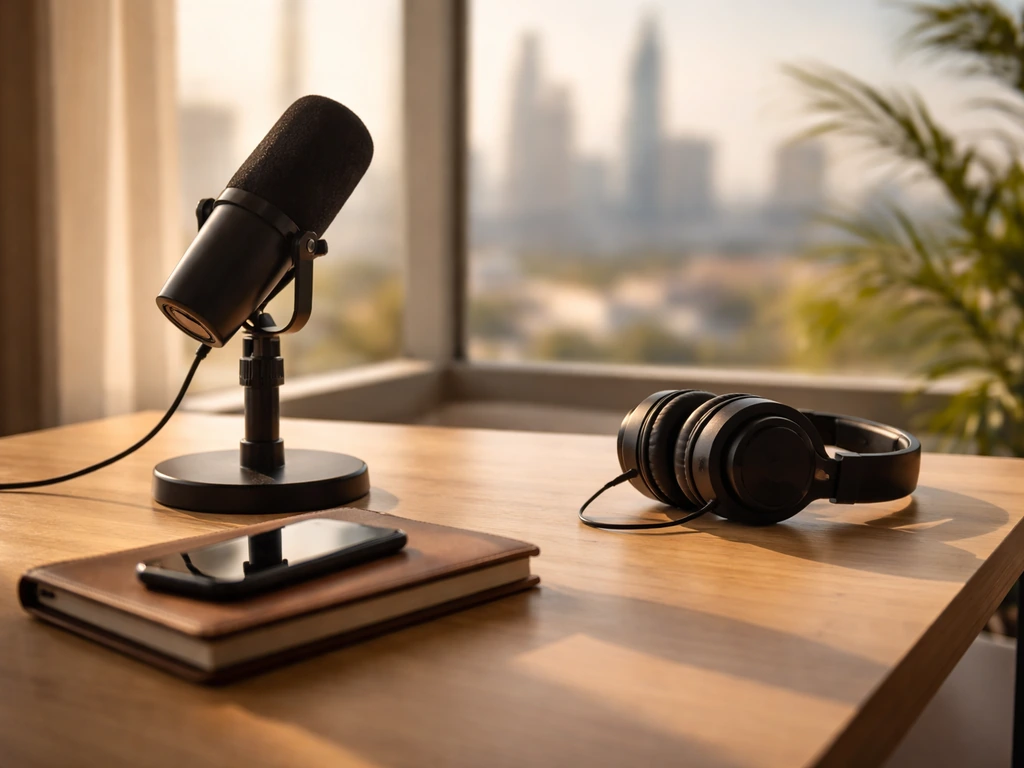 Minimal music-studio desk with microphone and headphones, softly blurred global skyline outside the window.