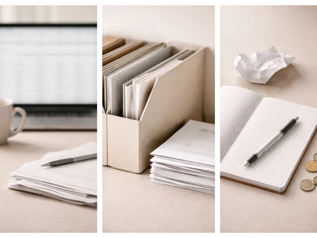 Minimal desk collage with blurred spreadsheet grid, generic documents, coins, and a pen symbolizing estimation inputs.