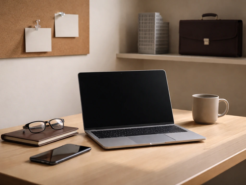 Minimal desk scene with laptop, briefcase, and blank cork board props symbolizing business assets and operations.