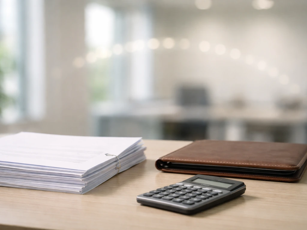 Minimal split-scene of a finance desk with paperwork and a soft-range highlight over a business office background.