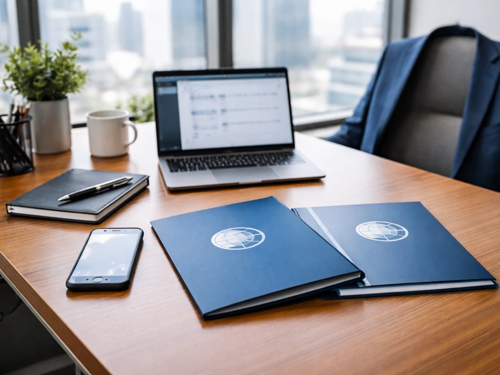 Minimal office desk setup with insurance materials and a suit, signaling an insurance executive career context.