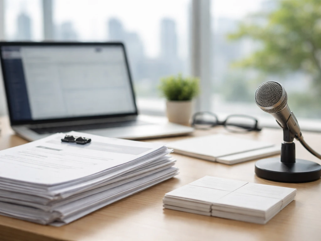 Close-up of an insurance agent’s desk with policy documents and a laptop in a quiet office setting.