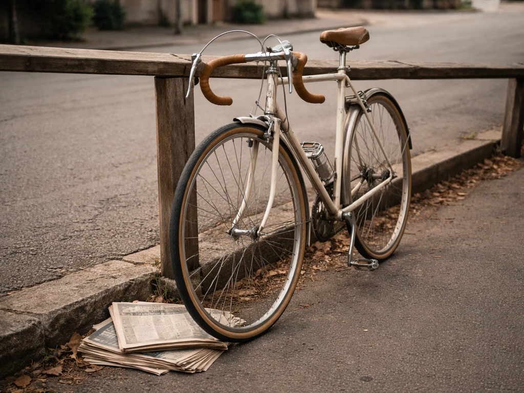 Vintage road bike beside a stack of aged newspapers, evoking modest 1950s–1960s cycling earnings.