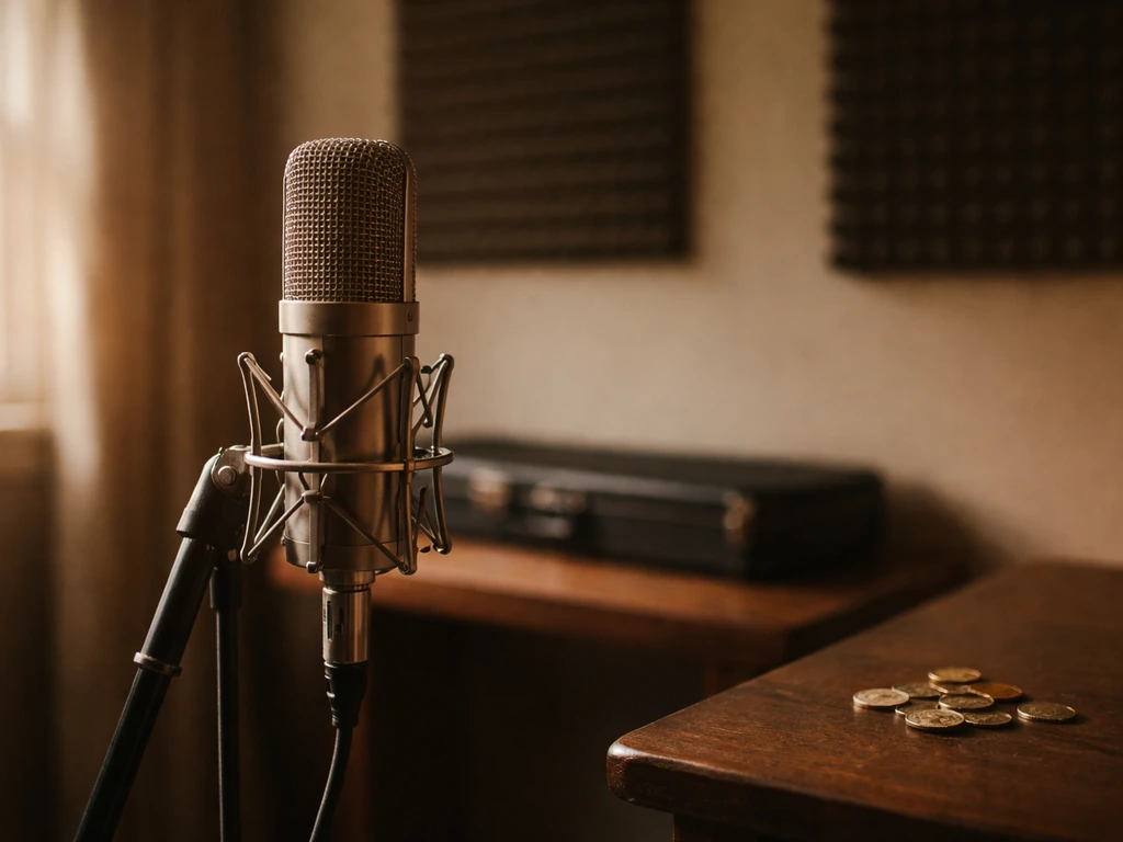 Close-up of a vintage recording studio microphone in warm light with a gleam of coins on a side table