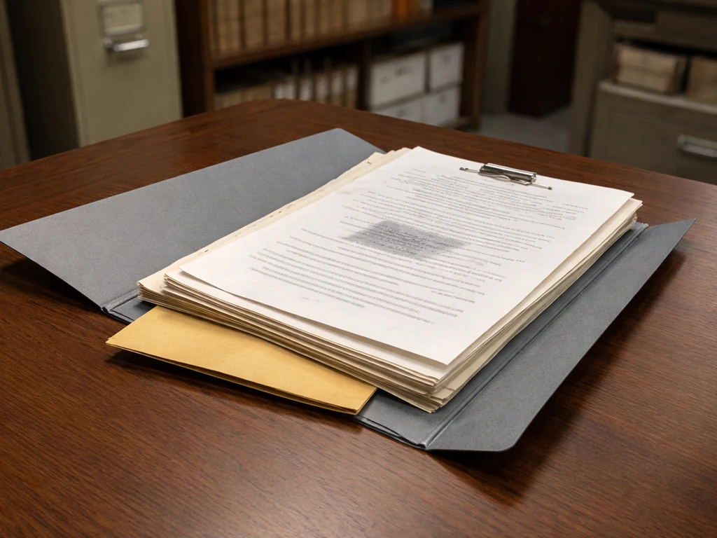 Close-up of neatly stacked probate court documents in a New York archive folder, labeled “Surrogate’s Court”