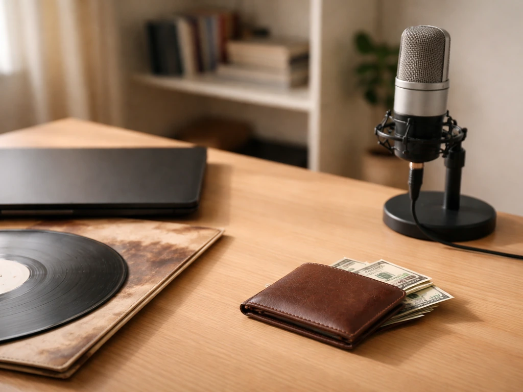 Minimal desk with studio microphone, vinyl, laptop, and wallet suggesting music royalties and wealth estimates.