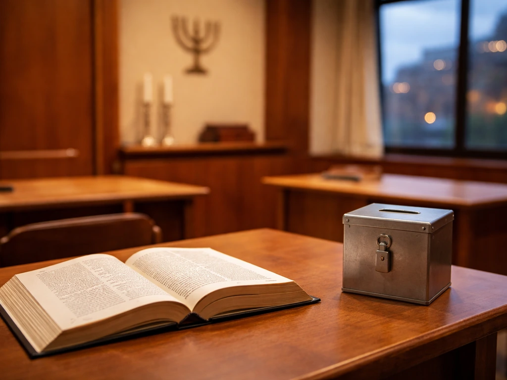 Quiet Bel Air-style synagogue study setting with a donation box and open book, evoking rabbi-related public profile.