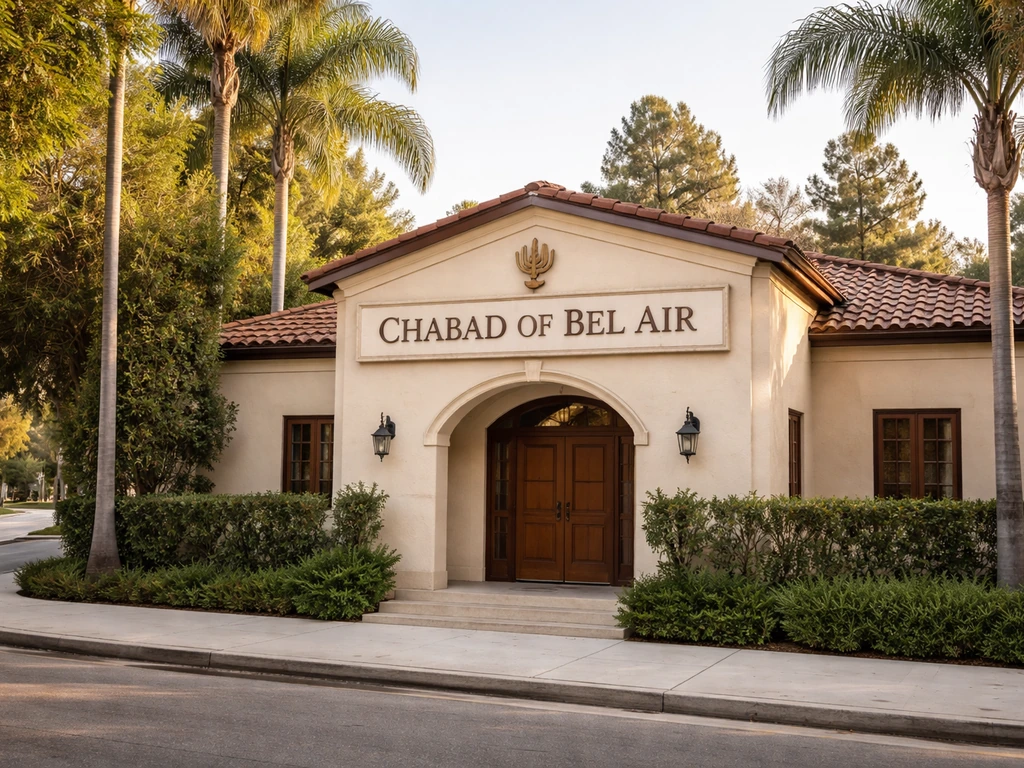 Sunlit Chabad of Bel Air synagogue exterior in Bel Air, Los Angeles, with a clear street view